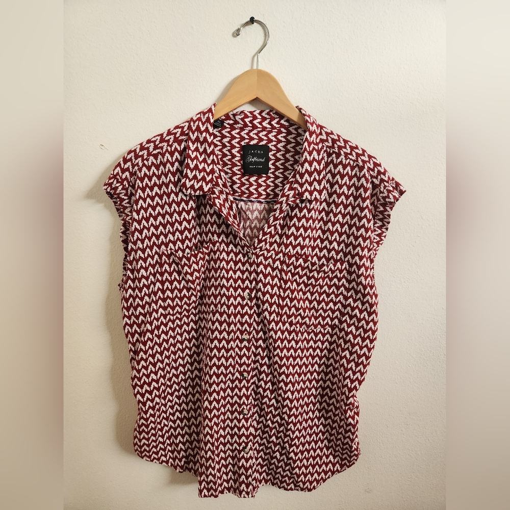 Jach's Girlfriend Women's Cap Sleeve Button-Down Blouse Red White Extra Large